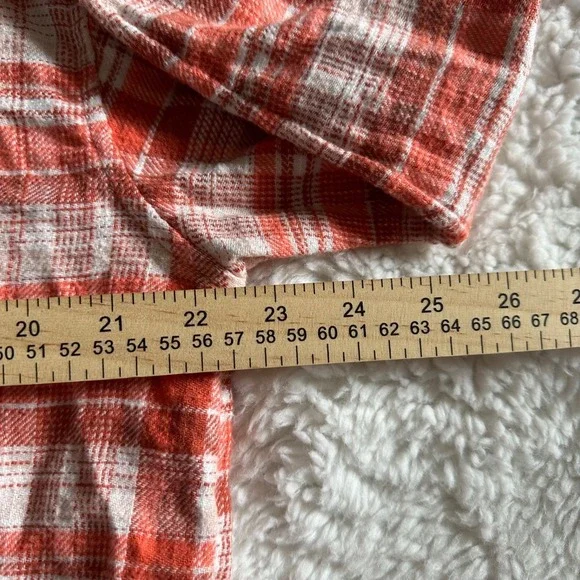 American Eagle Women's M Orange White Plaid Cropped Flannel Button Down Shirt - Picture 9 of 11